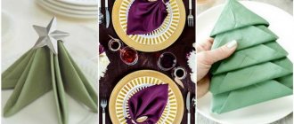 Photo ideas and diagrams on how to beautifully fold fabric and paper napkins