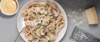 Pasta with mushrooms in creamy sauce. Recipes with cheese, chicken 