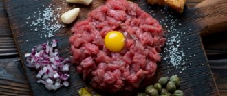 Beef tartare. Recipe from Ivlev 