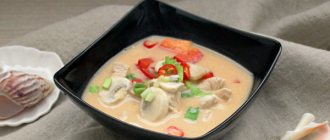 Том Кха. Рецепт с кокосовым молоком, креветками, курицей, морепродуктами. Фото